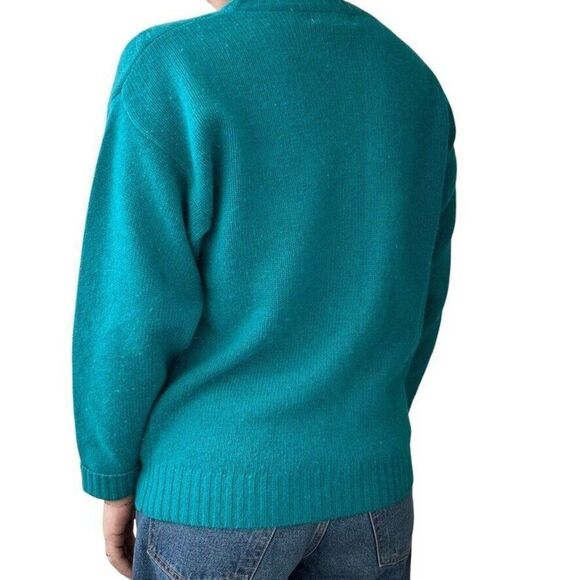 Vintage 1980s Teal Blue Angora Lambswool Chunky Cable Knit Sweater Sz M - Picture 7 of 8